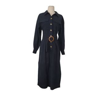 Free People Audrey Shirt Midi Dress Sz XS Black Ballon Sleeve Belted Simple EUC